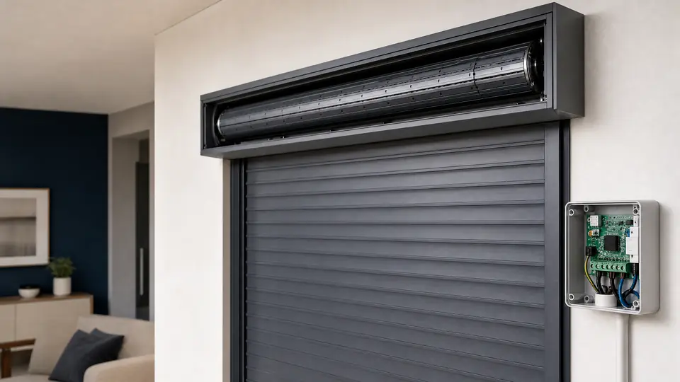 Volet roulant électrique immobile avec boîtier de commande ouvert et détail technique visible