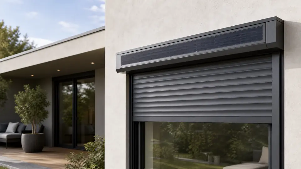 Volet roulant solaire installé sur une fenêtre, avec panneau photovoltaïque et coffre technique visibles